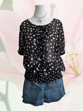 Jacob Black & White Polka Dot Silk Ruffle Blouse Petite Small